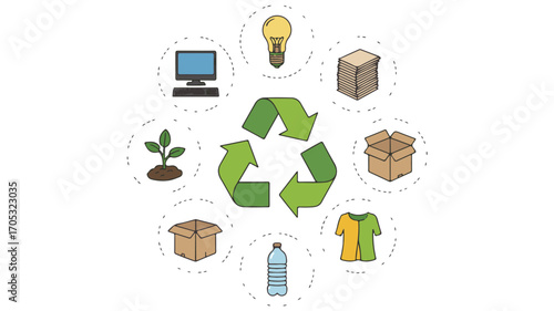 Green recycling symbol surrounded by objects for reuse arrows computer