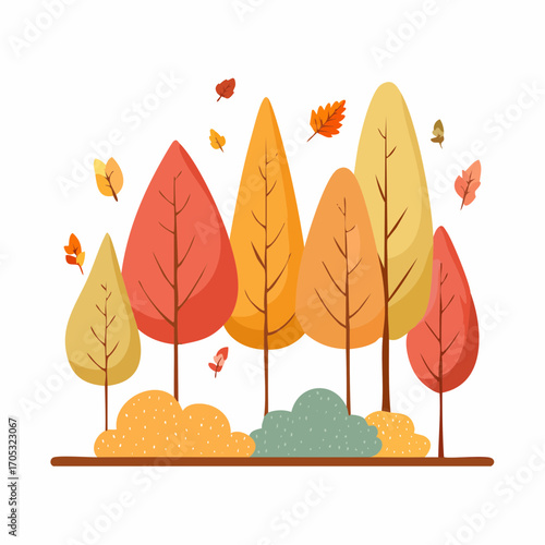 autumn trees, set of vector illustrations of cute trees and shrubs