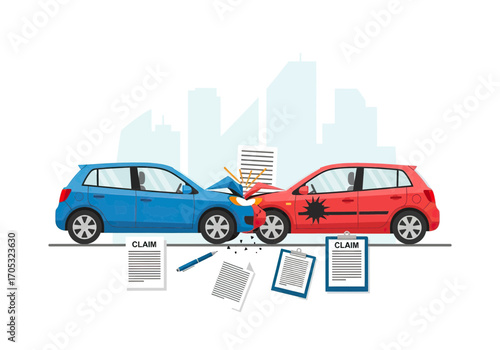 Car accident illustration for insurance claim, damage assessment and traffic safety awareness campaign