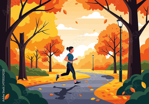 Invigorating autumn run woman jogging on path through vibrant fall foliage scenery lifestyle illustration