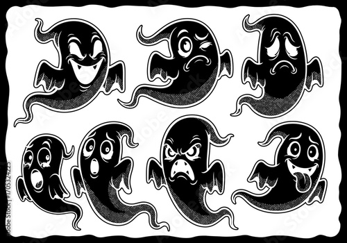 Collection of cartoon ghosts display different emotions with dark graphic style on white, creating a playful yet spooky atmosphere, ideal for Halloween themed graphics and designs.