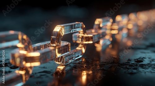 Illuminated Glass Chain Links on Dark Reflective Surface