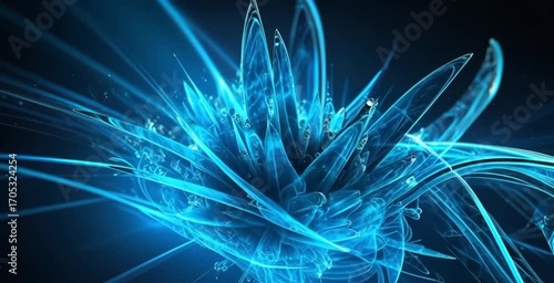 Abstract blue background element on black. Three-dimensional composition of glowing lines and motion blur traces. Movement and innovation concept