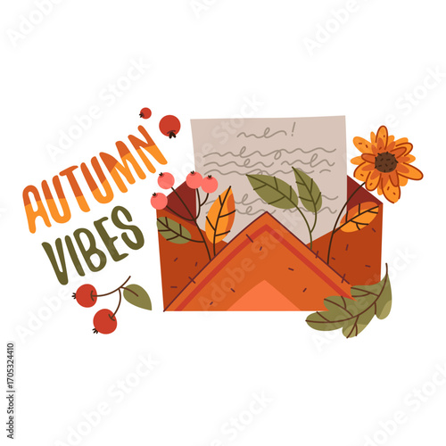 Autumn letter with leaves. Vector fall vibe with mail and herbarium. Card or sign for seasonal harvest holiday or october, september celebration. Forest plant and wood foliage, leaf on envelope poster