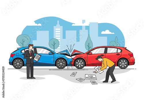Car accident illustration with insurance claim adjusters for accident report and damage assessment