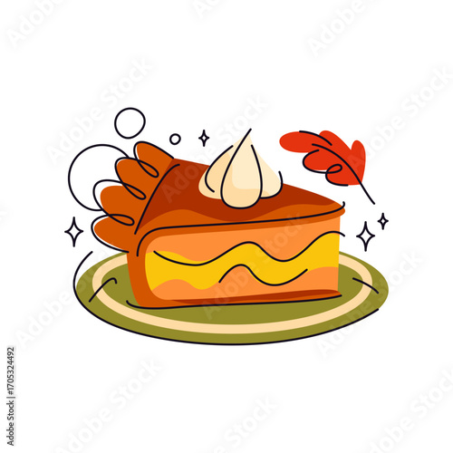 Pumpkin pie slice with cream. Vector dessert piece for thanksgiving or Halloween celebration. Sweet or treat for autumn harvest festive or fall holiday. Sliced homemade food. Pastry, bakery nutrition.
