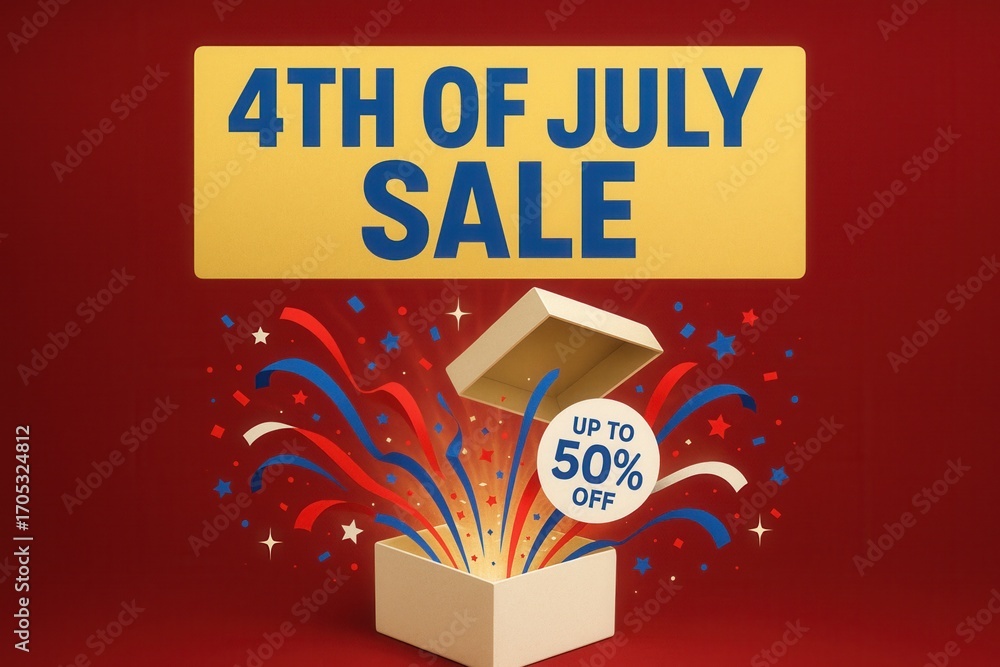 Fototapeta premium 4TH OF JULY SALE with UP TO 50% OFF discount offer, festive style, vibrant retail sale promotion.