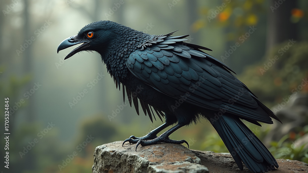 Fototapeta premium Dark bird perches on rock, red eye piercing forest mist. 