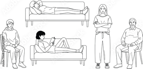 Diverse group of people relaxing, reading, and waiting in a modern space.