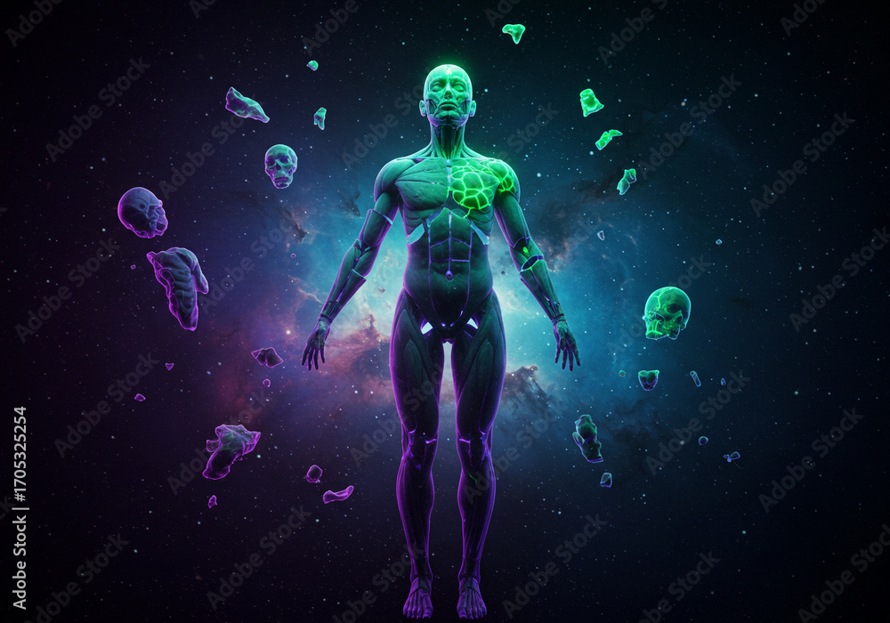 Fototapeta premium Digital Human Figure with Glowing AI Elements in Cosmic Space