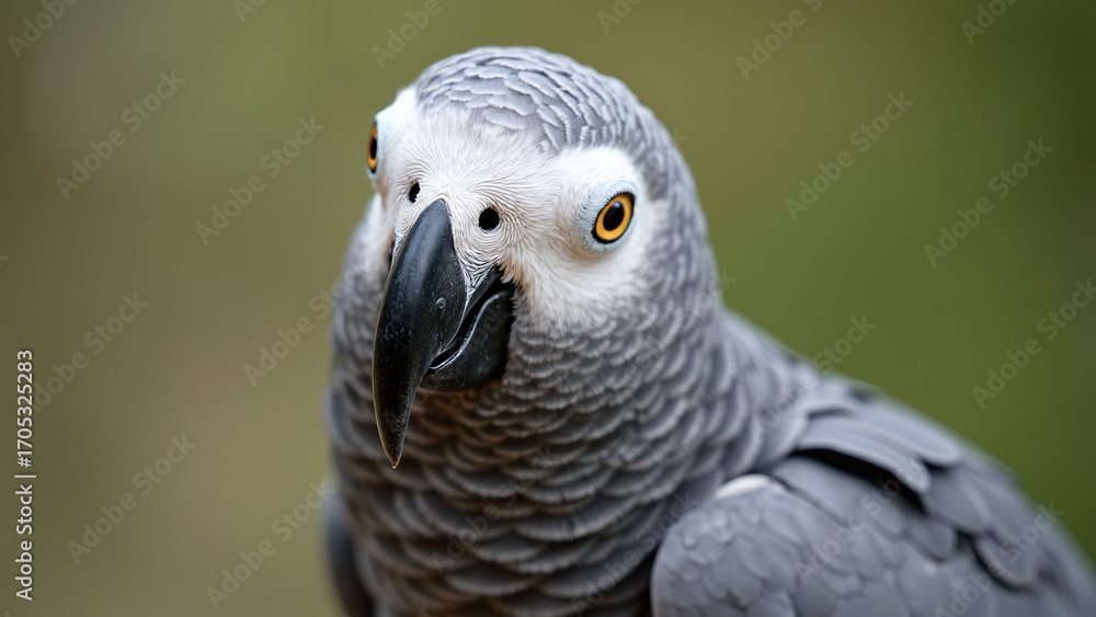 Obraz premium African Grey Parrot stares calmly, feathers layered in soft grey. 