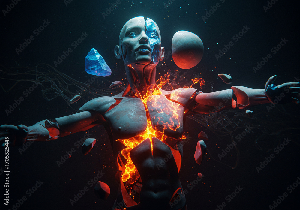 Naklejka premium AI Humanoid Breaking Apart with Intense Fiery Energy