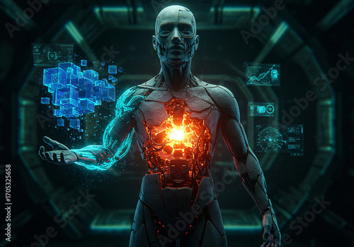 Humanoid AI Robot with Glowing Core and Digital Data
