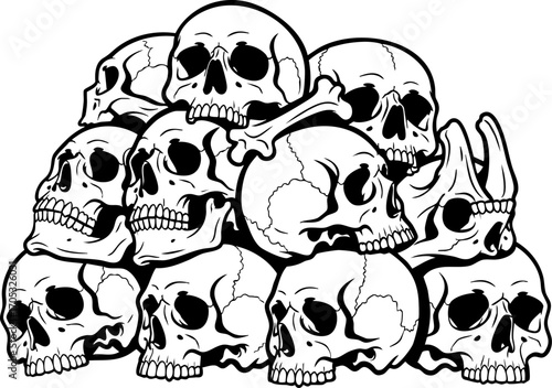 A heap of monochrome skulls and one bone is illustrated in a simple black and white vector style perfect for use in gothic designs, Halloween graphics, or edgy artistic projects.
