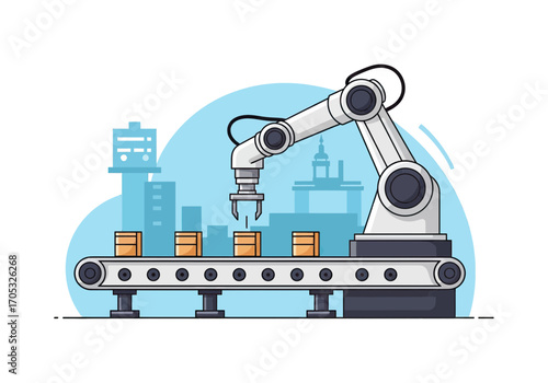 Automated robotic arm at work moving packages on a conveyor belt, modern industry automation concept