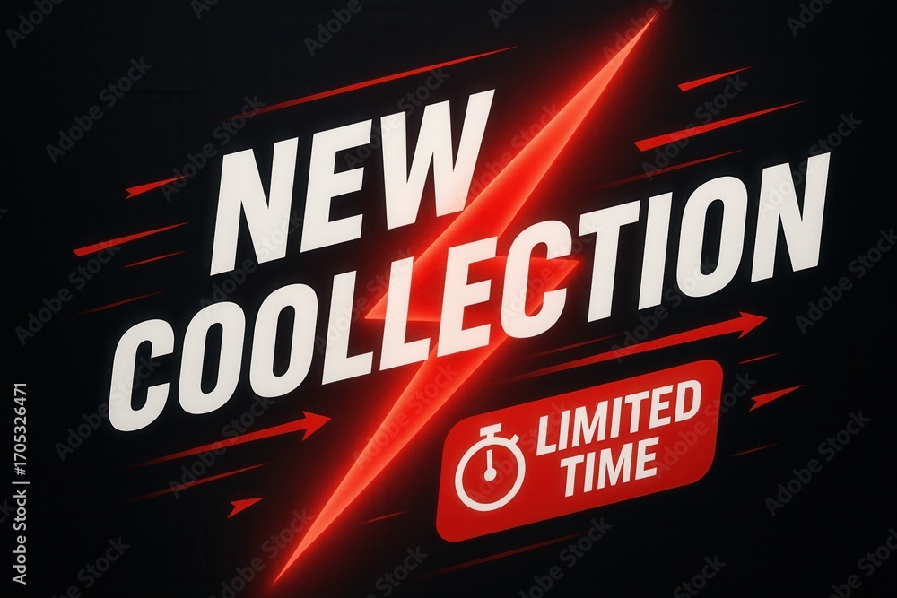 Fototapeta premium NEW COLLECTION and LIMITED TIME offer banner, dynamic lightning style, essential retail promo urgency.