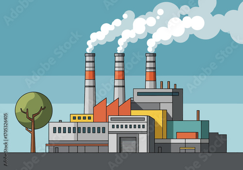 Industrial factory with smoking chimneys, representing manufacturing and environmental impact, vector art