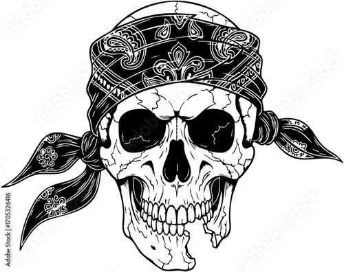 Monochrome skull wears patterned bandana, displayed against a white background creating a bold graphic design that could be used for edgy fashion and alternative lifestyle themes.