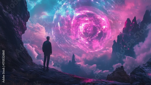 A lone man stands on a mountain peak, gazing up at a swirling, otherworldly orb in the sky, against a backdrop of fantastical rock formations and a vibrant, colorful sky.