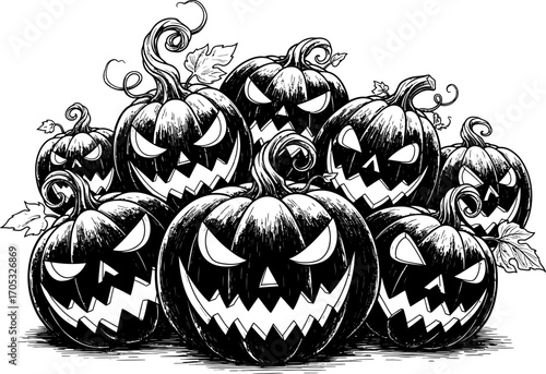 Group of carved black Halloween pumpkins displays menacing expressions in a monochrome illustration against a white background, ideal for seasonal designs and holiday marketing.
