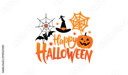 Happy halloween celebration with pumpkin witch hat bats and spiderwebs