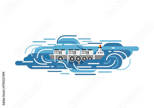 Modern graphic of a stylized ship sailing on water, conveying travel and maritime themes