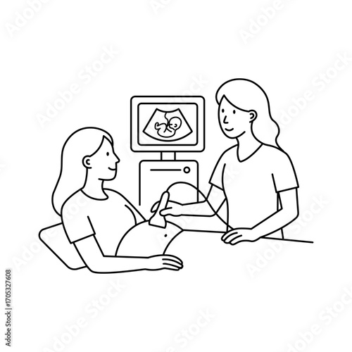 Ultrasound examination illustration. Pregnant woman lying on bed during prenatal checkup with doctor using ultrasound scanner, showing baby image on monitor. Pregnancy healthcare concept