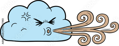 Furious cartoon cloud blowing strong wind with swirling gusts