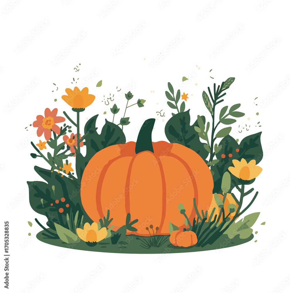 Naklejka premium A whimsical flat design illustration of a garden scene featuring a prominent pumpkin as the central element, surrounded by lush green leaves and vibrant orange and yellow flowers with png Transparent 