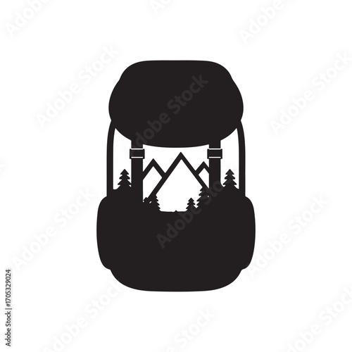 minimalist mountain adventure backpack vector illustration, nature and hiking gear symbol, outdoor landscape design, simple forest travel logo, trekking equipment icon.