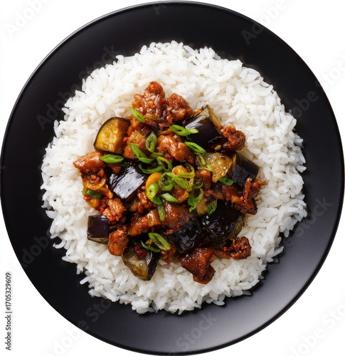 A plate of rice topped with a savory dish of chicken and eggplant