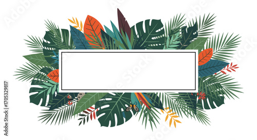 A vibrant frame of lush tropical jungle foliage with a blank rectangular space for text.