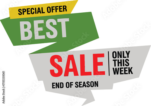 Bold graphic banners highlight a special offer for a best sale event, emphasizing limited time.