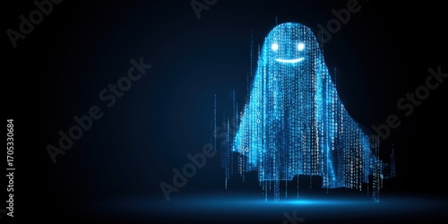 Halloween cybersecurity guardian IT specialist presents a friendly glowing ghost icon crafted from binary code and data streams, symbolizing playful yet powerful data privacy protection

