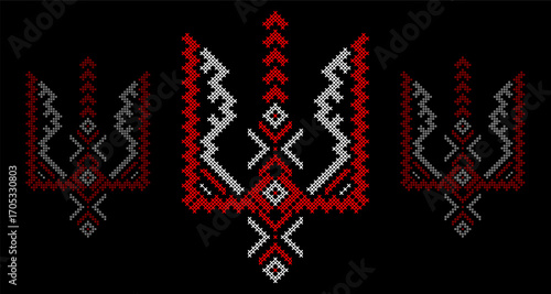 Ukrainian Tryzub Trident with Traditional Cross-Stitch Embroidery Pattern in Red and Black Colors – National Emblem Vector Symbol, Patriotic Folk Design for Posters, Prints, Clothing