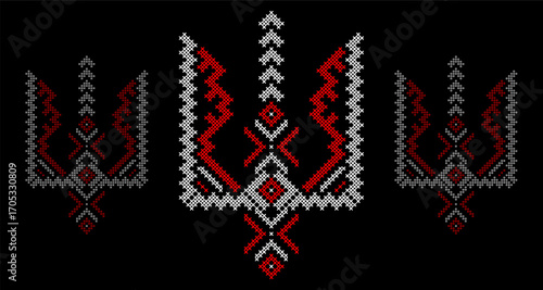 Ukrainian Tryzub Trident with Traditional Cross-Stitch Embroidery Pattern in Red and Black Colors – National Emblem Vector Symbol, Patriotic Folk Design for Posters, Prints, Clothing