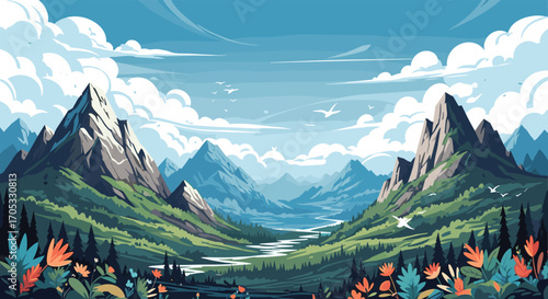 A beautiful pixel art landscape with majestic mountains and a winding river flowing through a lush valley under a cloudy sky.