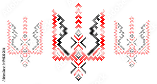 Ukrainian Tryzub Trident with Traditional Cross-Stitch Embroidery Pattern in Red and Black Colors – National Emblem Vector Symbol, Patriotic Folk Design for Posters, Prints, Clothing