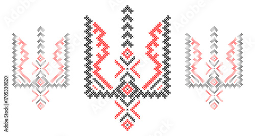 Ukrainian Tryzub Trident with Traditional Cross-Stitch Embroidery Pattern in Red and Black Colors – National Emblem Vector Symbol, Patriotic Folk Design for Posters, Prints, Clothing