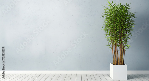 Minimalist Interior with Bamboo Plant in White Pot Against Textured Wall Creating Tranquil Atmosphere