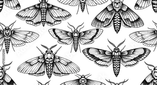 A detailed illustration of various moth species in a repeating pattern.