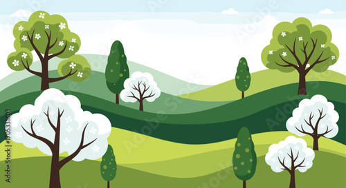 A beautiful pixel art landscape featuring rolling green hills dotted with flowering trees and cypress trees under a pale blue sky with fluffy white clouds.