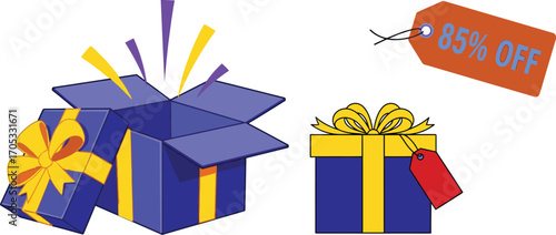 Surprise gift box with festive ribbons and discount tag for amazing savings