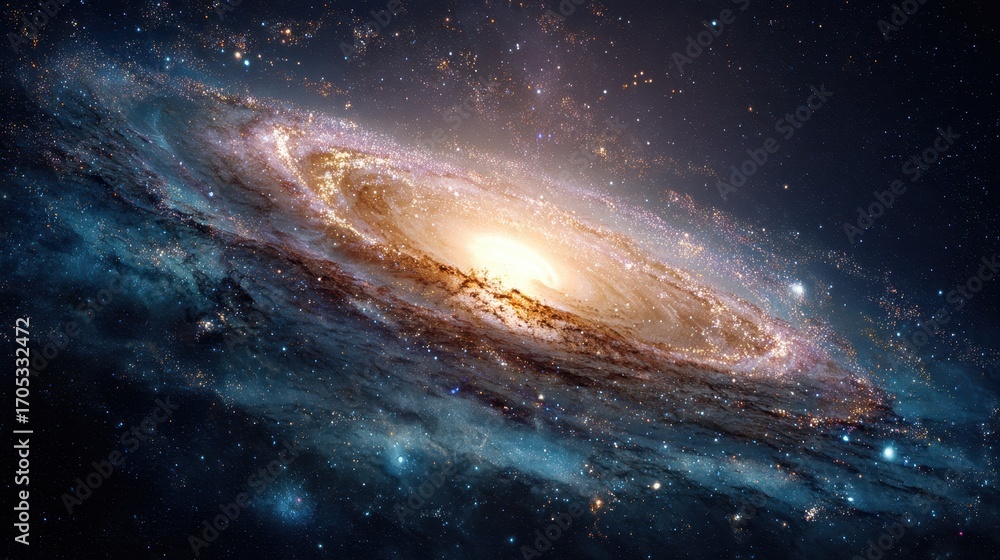 Fototapeta premium A magnificent spiral galaxy with a brilliant yellow core and blue dust lanes.