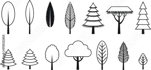 Collection of stylized trees and leaves in various simple graphic designs