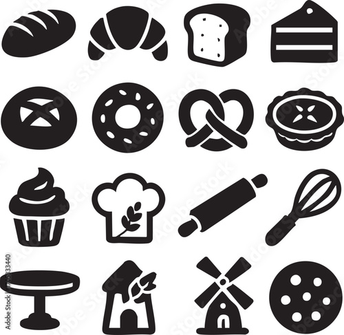 Baking icon set in black silhouette style, vector illustrations of bread, pastries, and tools for culinary and kitchen themes