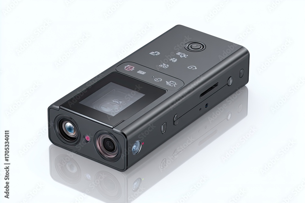 Obraz premium Compact, dual-lens camera, dark gray, with LCD screen and control panel. Image shows a device angled, reflecting a white background