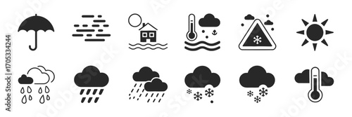 Monochrome weather icon pack illustrating climate concepts such as storm warnings, floods, temperature changes, and seasonal forecasts