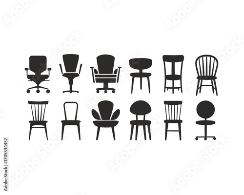 A versatile set of black chair icons in a flat silhouette style, showcasing a diverse collection of furniture for office and home interior design