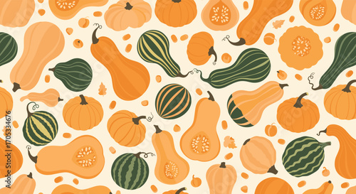 A colorful assortment of various pumpkins and gourds arranged in a seamless pattern.
